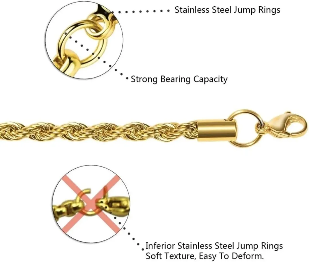 FLAY DA JEWELER 18k Real Gold Plated 2mm / 2.5mm / 8mm Stainless Steel Mens Womens Necklace Twist Rope Chain, 16-36 inches