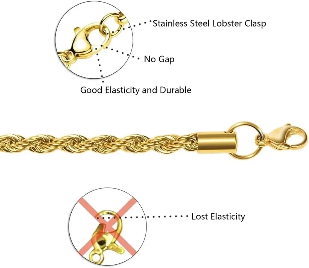 FLAY DA JEWELER 18k Real Gold Plated 2mm / 2.5mm / 8mm Stainless Steel Mens Womens Necklace Twist Rope Chain, 16-36 inches