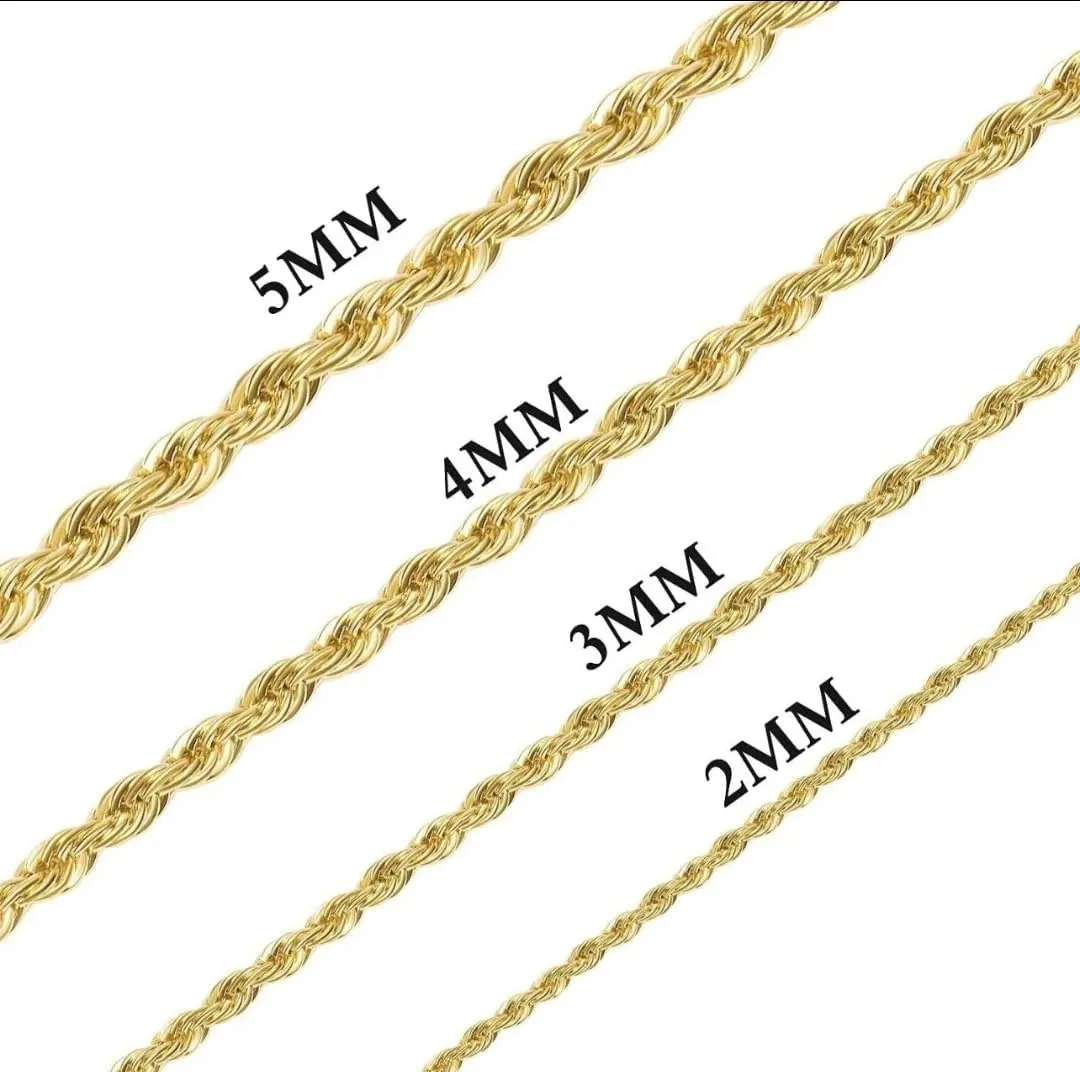 FLAY DA JEWELER 18k Real Gold Plated 2mm / 2.5mm / 8mm Stainless Steel Mens Womens Necklace Twist Rope Chain, 16-36 inches
