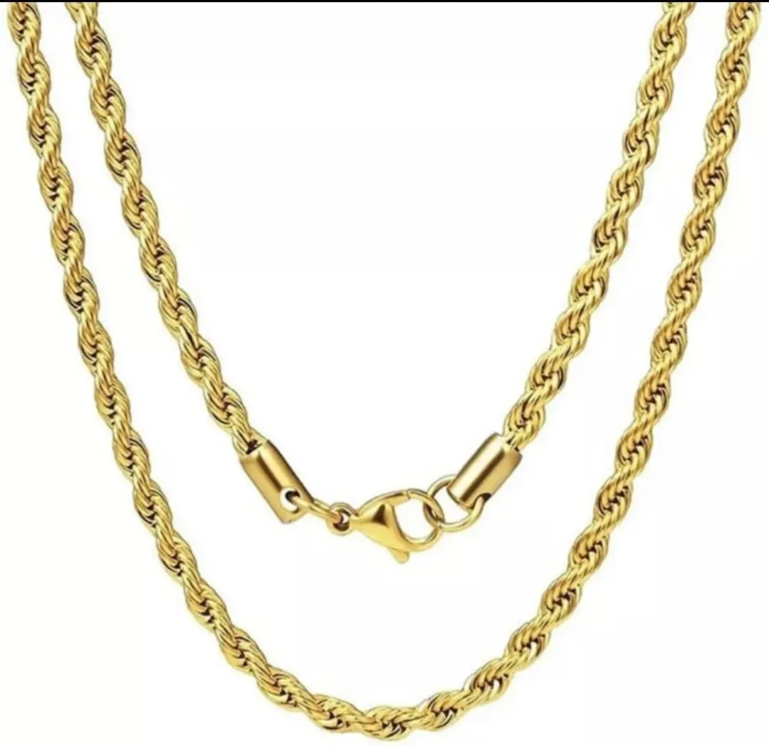 FLAY DA JEWELER 18k Real Gold Plated 2mm / 2.5mm / 8mm Stainless Steel Mens Womens Necklace Twist Rope Chain, 16-36 inches