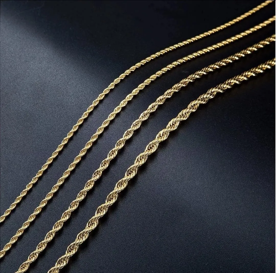 FLAY DA JEWELER 18k Real Gold Plated 2mm / 2.5mm / 8mm Stainless Steel Mens Womens Necklace Twist Rope Chain, 16-36 inches