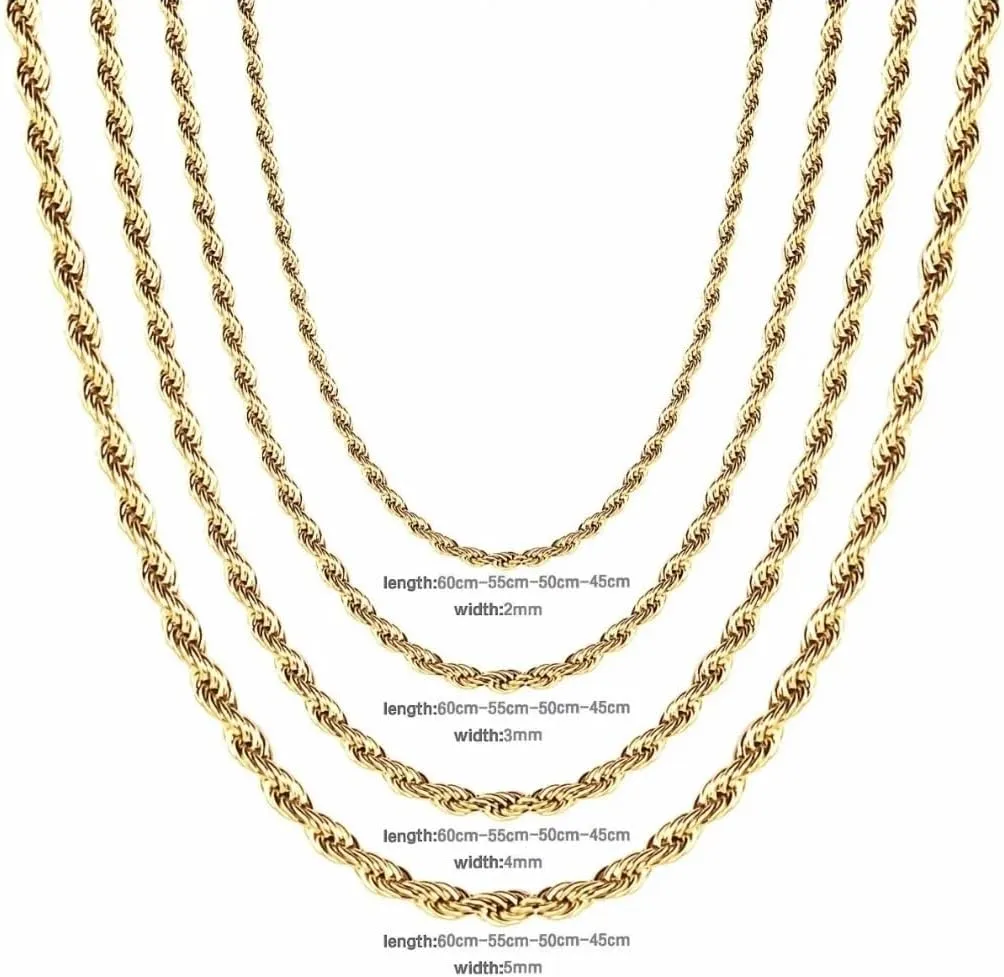 FLAY DA JEWELER 18k Real Gold Plated 2mm / 2.5mm / 8mm Stainless Steel Mens Womens Necklace Twist Rope Chain, 16-36 inches