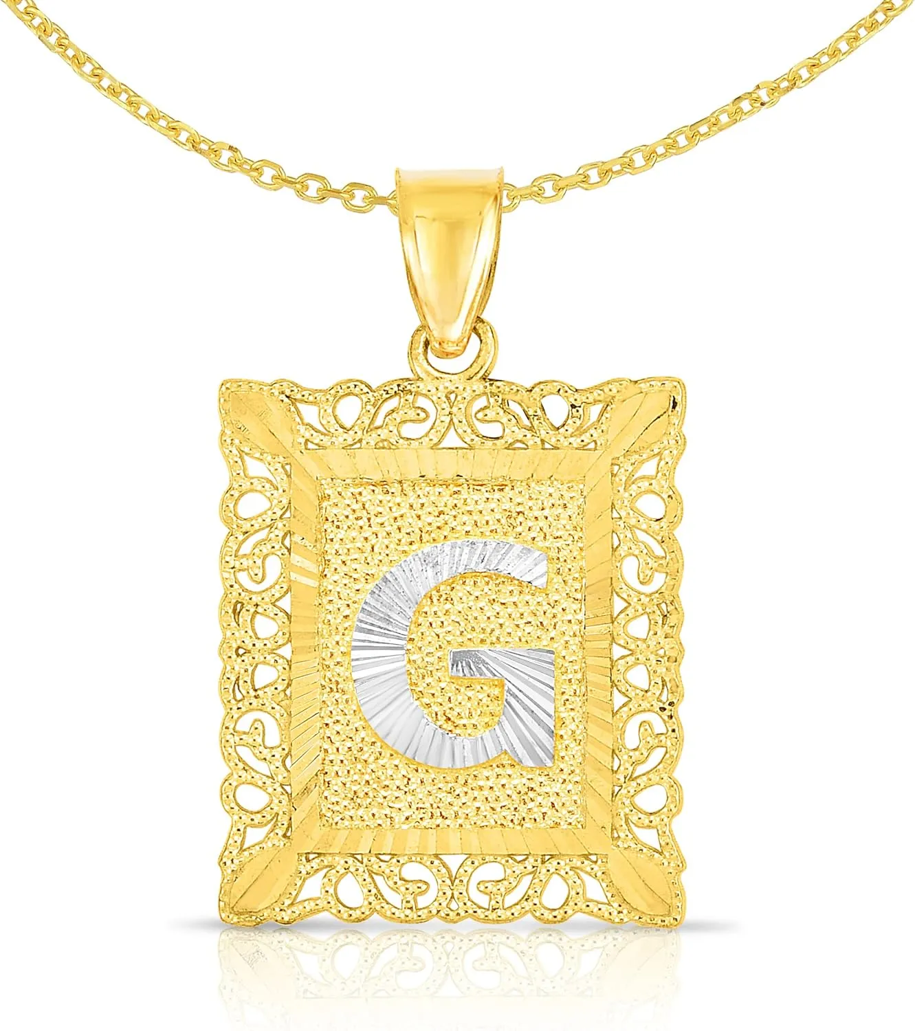 Floreo 10k Yellow Gold and White Gold 14.5mm or 18mm Personalized Alphabet Monogram A-Z Initial Square Pendant