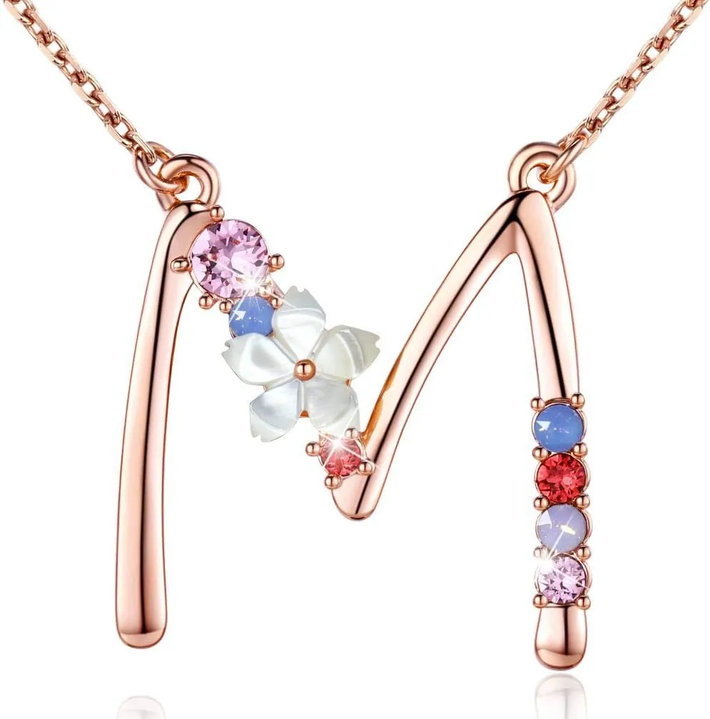 Flower Initial Letter Necklace Pink Red Blue Simulated Pearl Pendant Name Jewelry Made with Austrian Crystals Rose Gold Plated Anniversary Birthday Gifts for Women,18" 2"