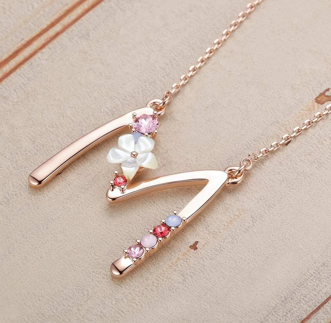 Flower Initial Letter Necklace Pink Red Blue Simulated Pearl Pendant Name Jewelry Made with Austrian Crystals Rose Gold Plated Anniversary Birthday Gifts for Women,18" 2"