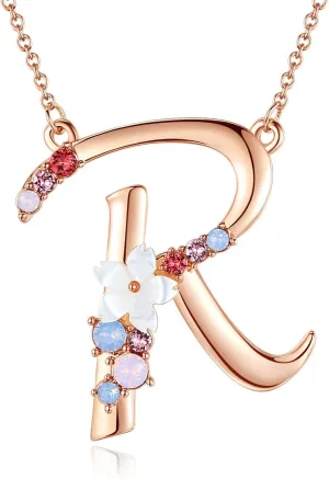 Flower Initial Letter Necklace Pink Red Blue Simulated Pearl Pendant Name Jewelry Made with Austrian Crystals Rose Gold Plated Anniversary Birthday Gifts for Women,18" 2"