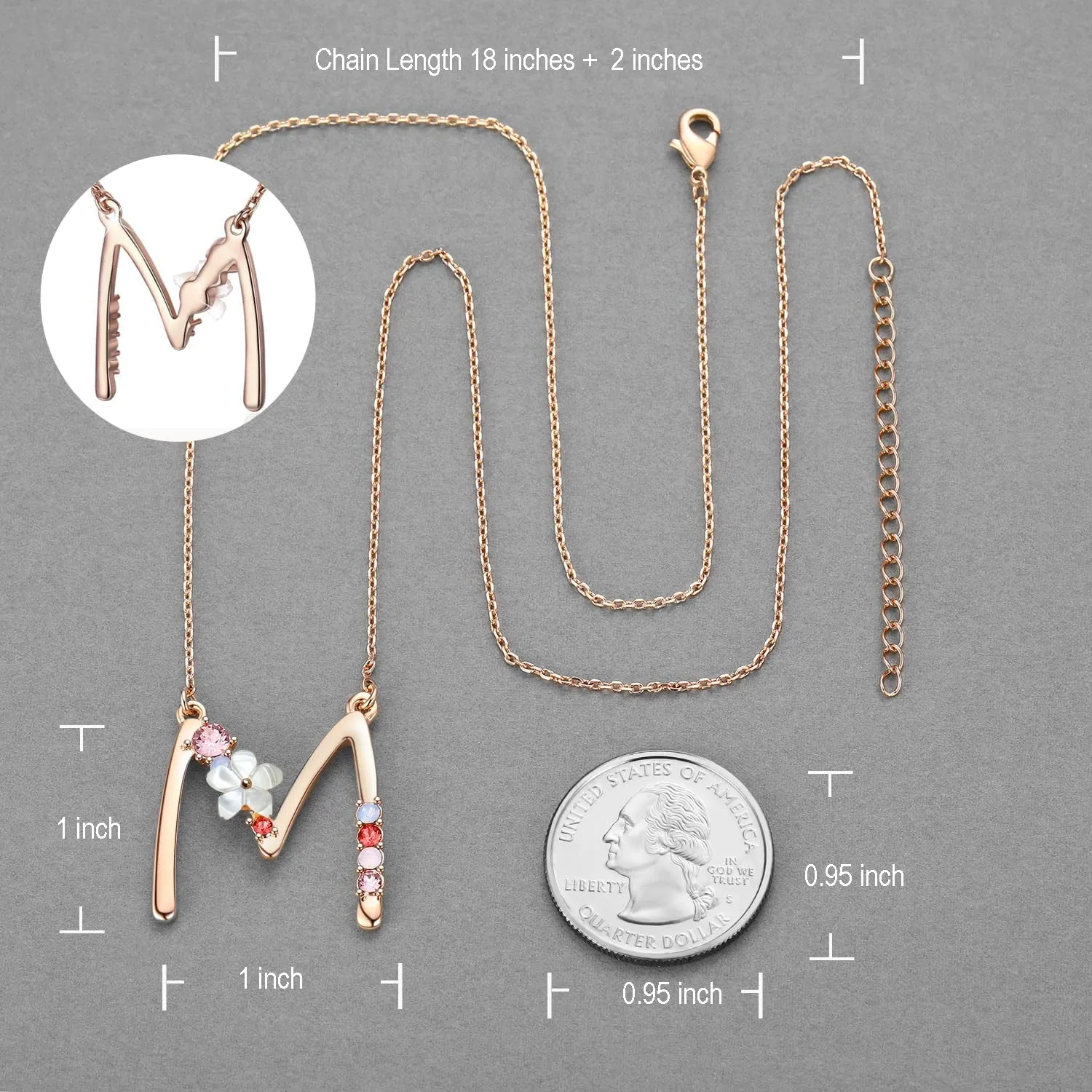 Flower Initial Letter Necklace Pink Red Blue Simulated Pearl Pendant Name Jewelry Made with Austrian Crystals Rose Gold Plated Anniversary Birthday Gifts for Women,18" 2"