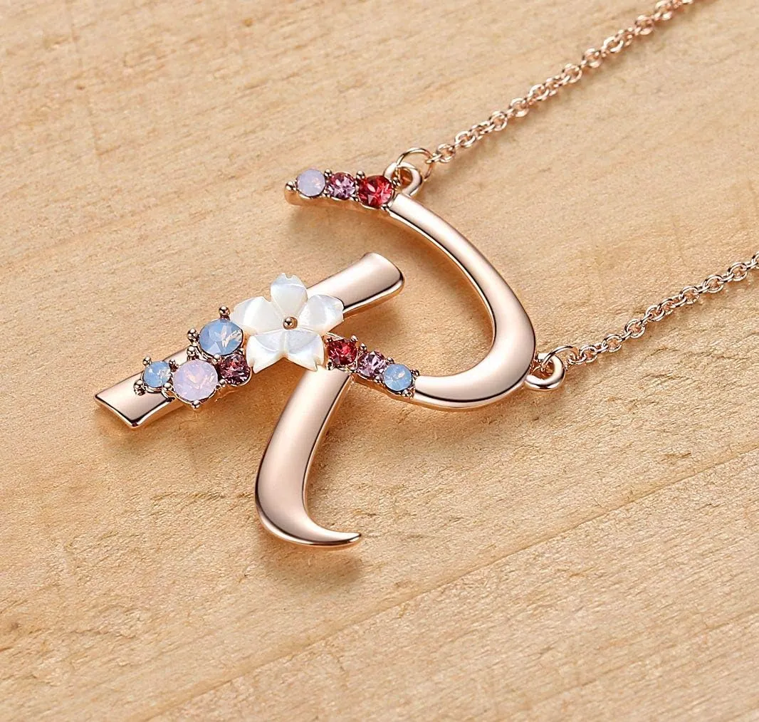 Flower Initial Letter Necklace Pink Red Blue Simulated Pearl Pendant Name Jewelry Made with Austrian Crystals Rose Gold Plated Anniversary Birthday Gifts for Women,18" 2"