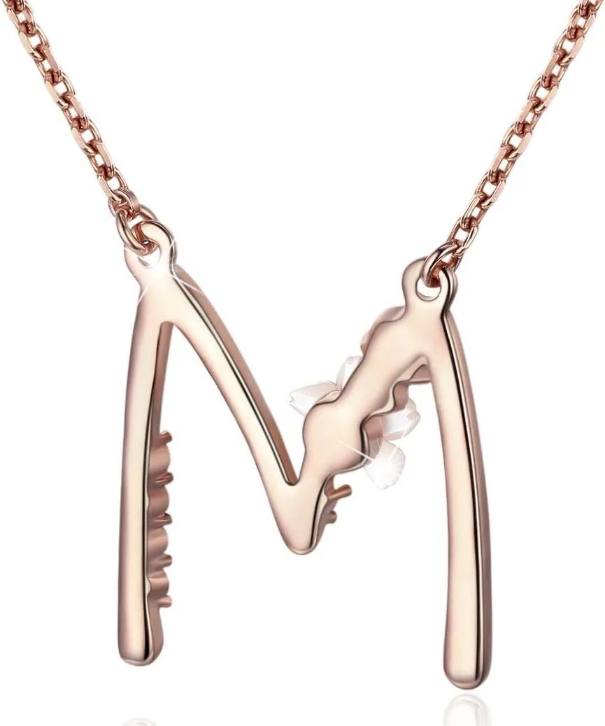 Flower Initial Letter Necklace Pink Red Blue Simulated Pearl Pendant Name Jewelry Made with Austrian Crystals Rose Gold Plated Anniversary Birthday Gifts for Women,18" 2"
