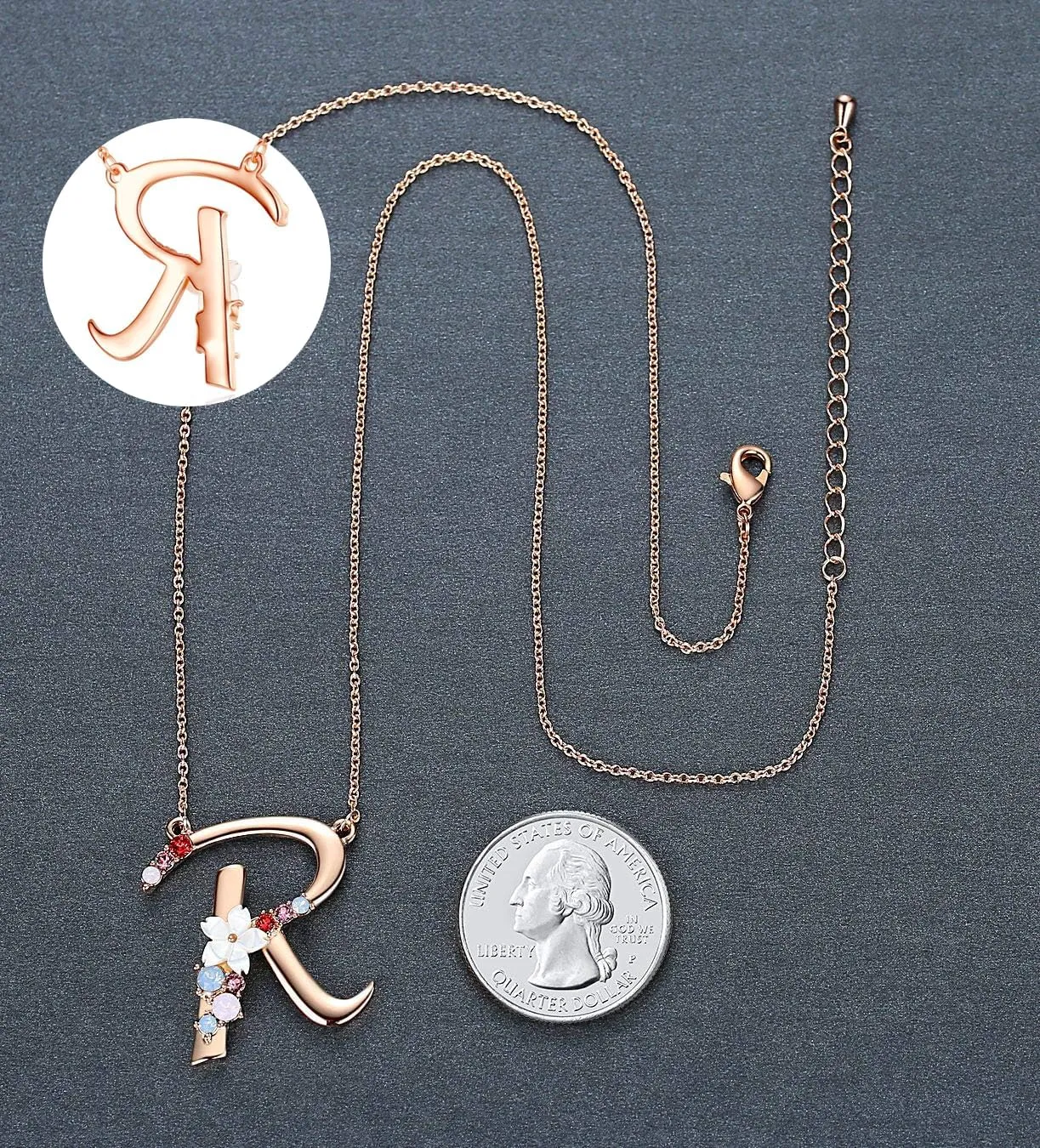 Flower Initial Letter Necklace Pink Red Blue Simulated Pearl Pendant Name Jewelry Made with Austrian Crystals Rose Gold Plated Anniversary Birthday Gifts for Women,18" 2"
