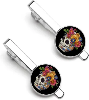 Flower Skull Men's Tie Clip Tie Bar Round Tie Clasp Classic Tie Tack Pins Jewelry Accessories