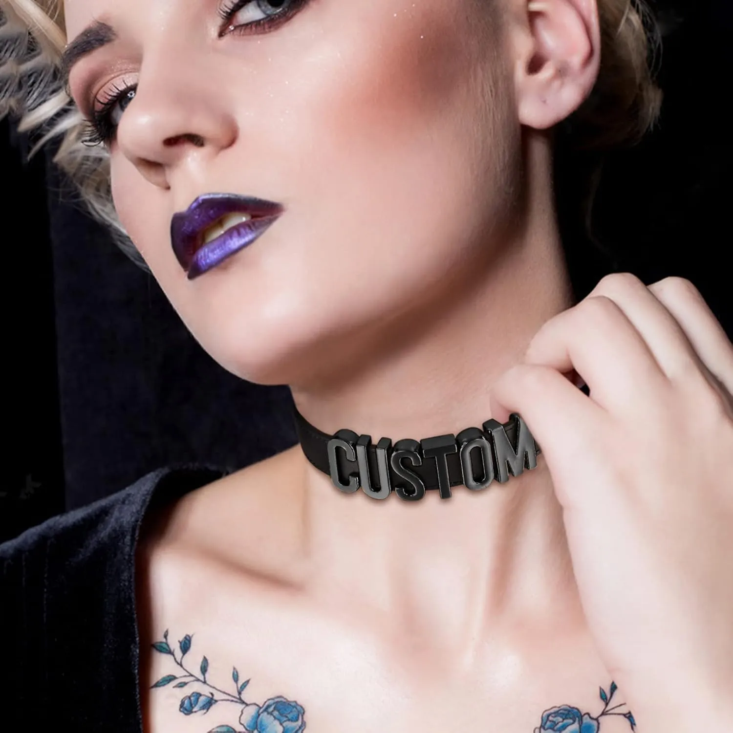 FOCALOOK Personalized Leather Choker Collar Necklace Thick Custom Initials Name Neck Costume Jewelry for Cosplay