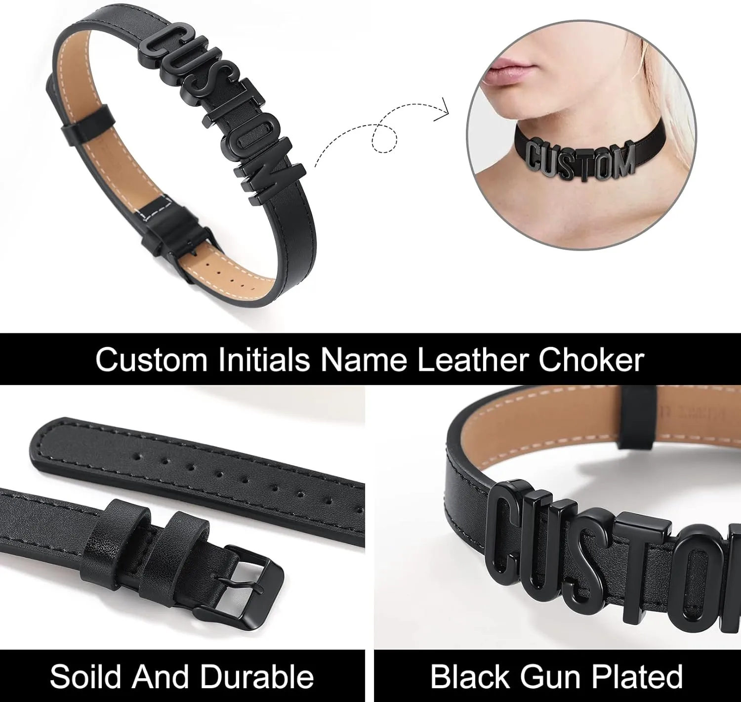 FOCALOOK Personalized Leather Choker Collar Necklace Thick Custom Initials Name Neck Costume Jewelry for Cosplay