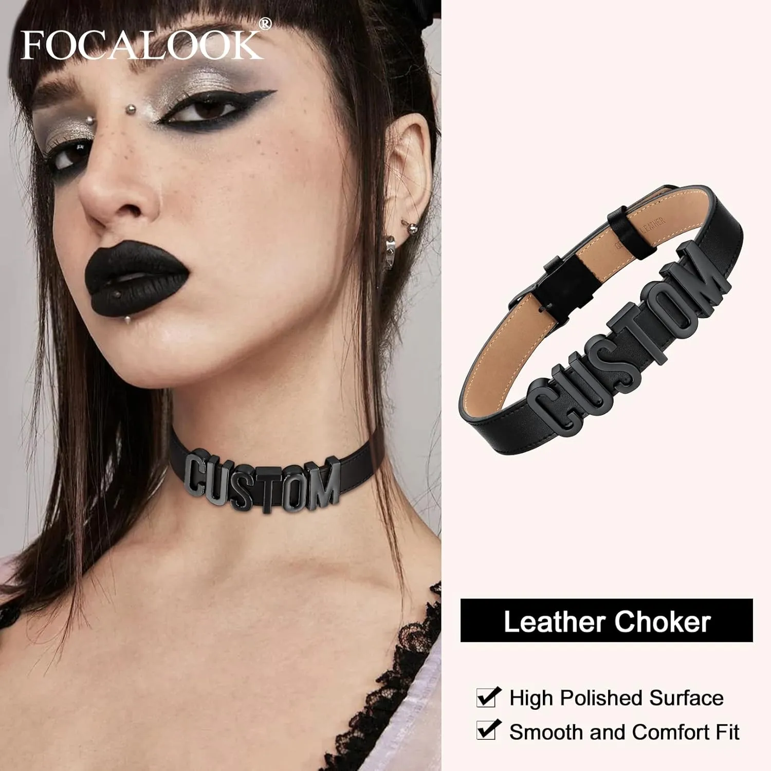 FOCALOOK Personalized Leather Choker Collar Necklace Thick Custom Initials Name Neck Costume Jewelry for Cosplay