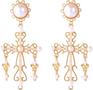 FOESSD Cross Dangle Earrings Women - Baroque Vintage Pearl Chandelier Earrings Statement Gold Plated Big Cross Earring for Women Girls