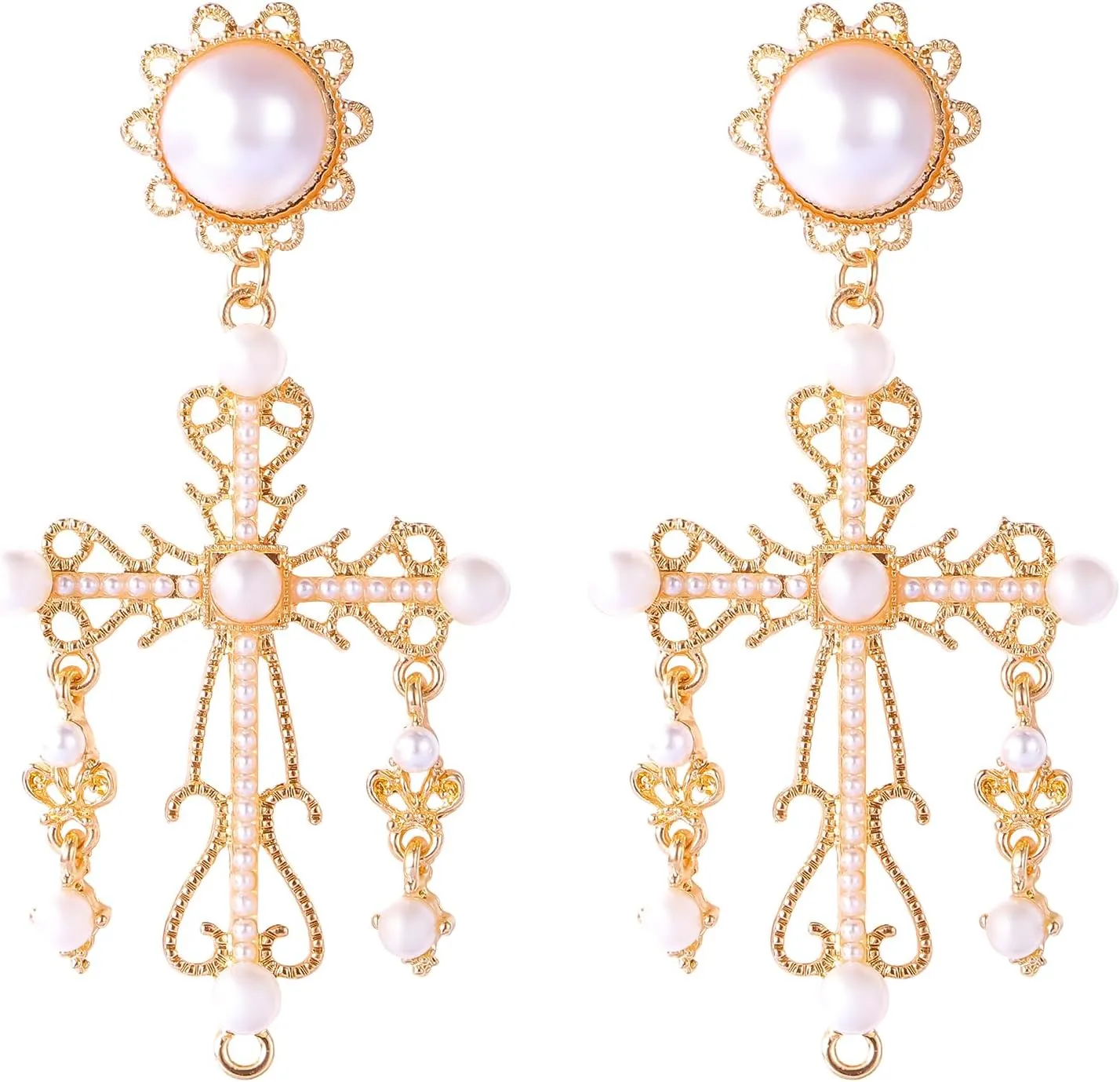 FOESSD Cross Dangle Earrings Women - Baroque Vintage Pearl Chandelier Earrings Statement Gold Plated Big Cross Earring for Women Girls