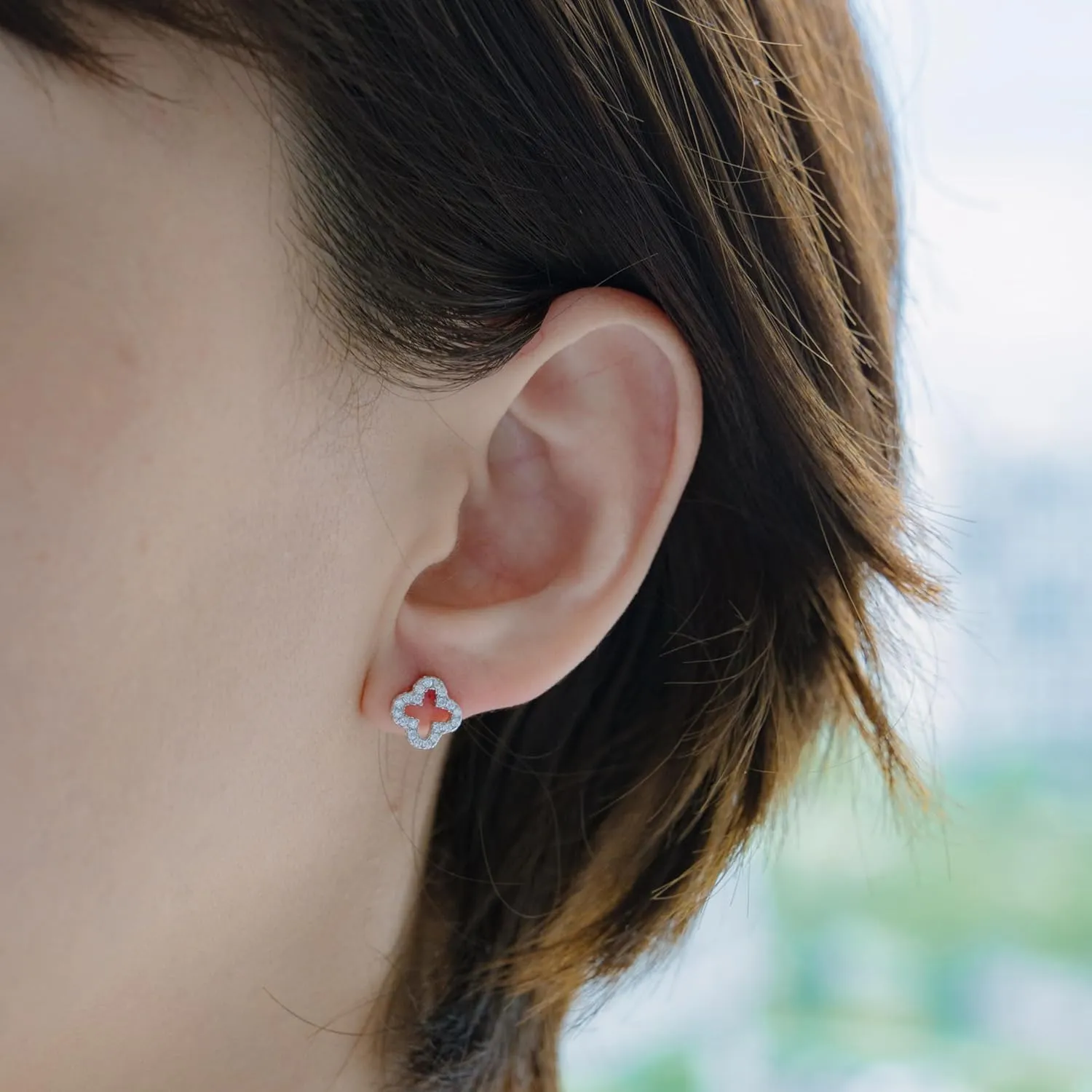 Four Leaf Clover Earrings 925 Sterling Silver for Women,Stud Earrings Jewelry with Black Onyx and Mother of Pearl,Elegant Gift for Her
