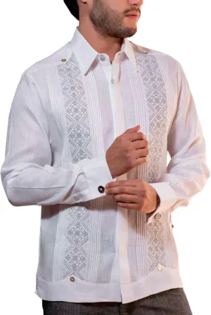 French Cuff Grooms Guayabera Embroidered. Mexican Linen 100%. Wedding Shirts. Cufflink Included. White
