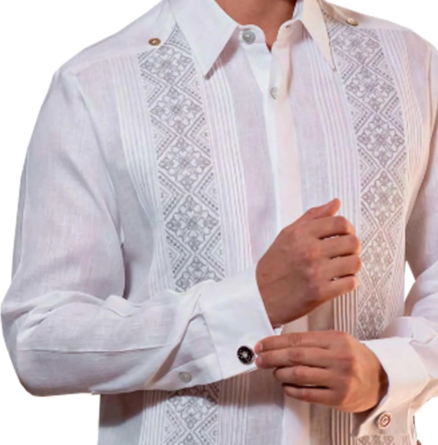 French Cuff Grooms Guayabera Embroidered. Mexican Linen 100%. Wedding Shirts. Cufflink Included. White