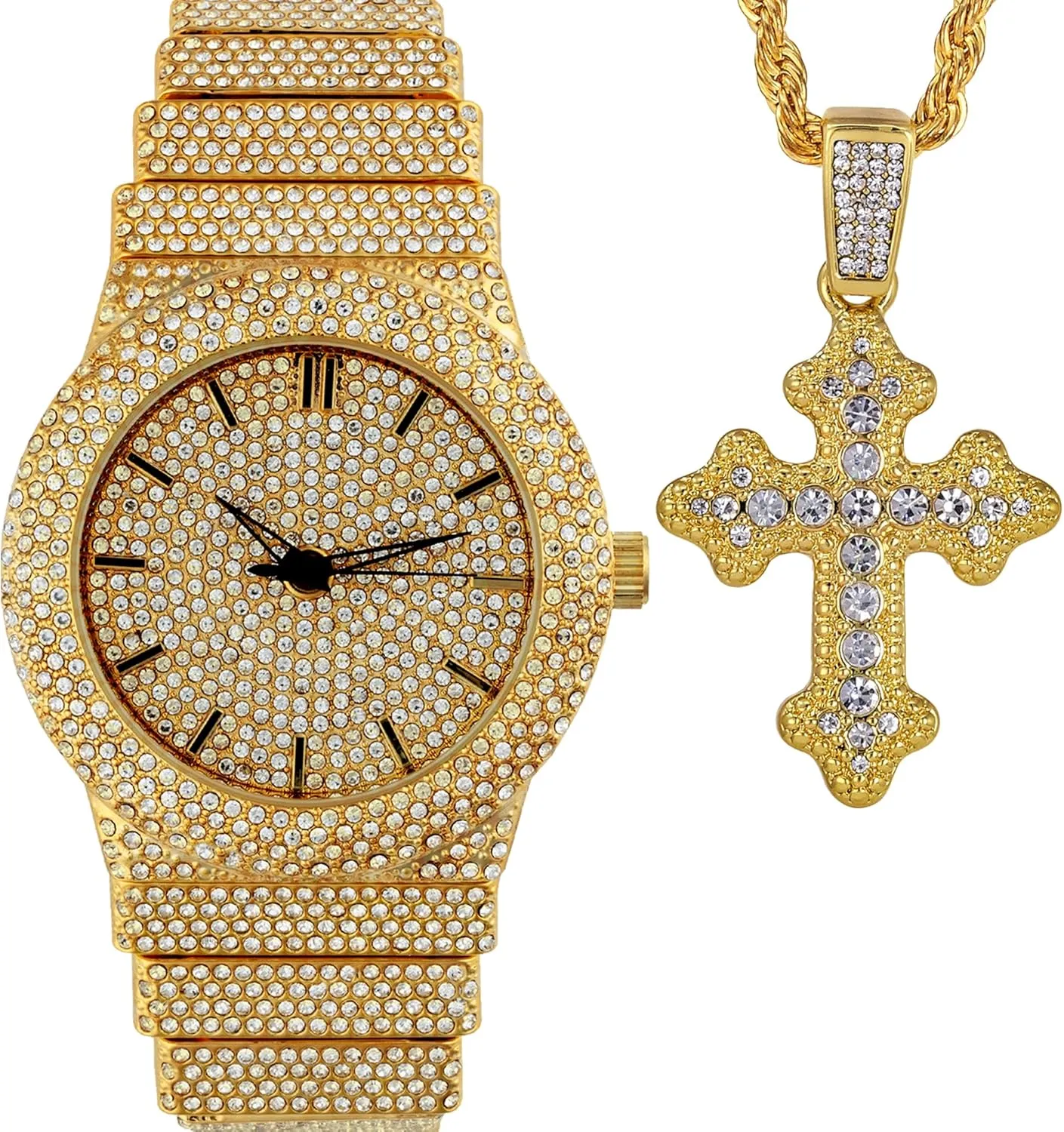 Full Iced Bling Out Religious Jesus Cross Pendant Charm 24" Twisted Rope Chain Set, Men/Women, CZ Crystal Diamonds White Gold Plated Rhodium Finish Watch Gift Set