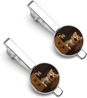 Funny Cat in A Box Rat Men's Tie Clip Tie Bar Round Tie Clasp Classic Tie Tack Pins Jewelry Accessories
