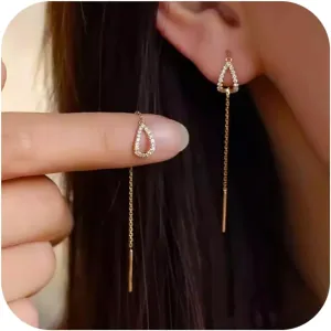 FUNYCEHN S925 Sterling Silver Threader Earrings for Women Dainty Long Chain Ear Line with Cubic Zirconia Elegant Dangle Tassel Earrings Heart Earring Wedding Jewelry Christmas Graduation Gifts for Her