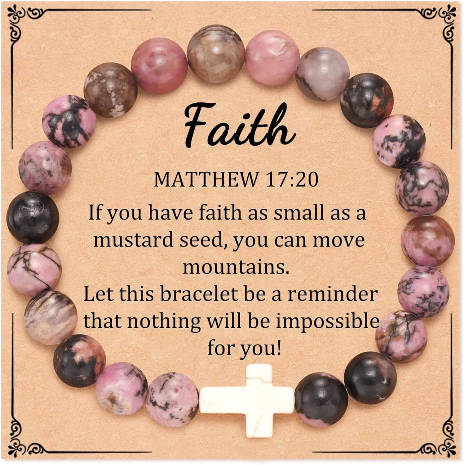 Fuqimanman2020 Christian Inspirational Gifts 8mm Natural Stone Pink Zebra Bracelet with Card Fantasy Amethyst Bracelet with Cross Charm Thanksgiving Birthday Jewelry Gift for Women