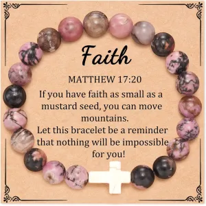 Fuqimanman2020 Christian Inspirational Gifts 8mm Natural Stone Pink Zebra Bracelet with Card Fantasy Amethyst Bracelet with Cross Charm Thanksgiving Birthday Jewelry Gift for Women