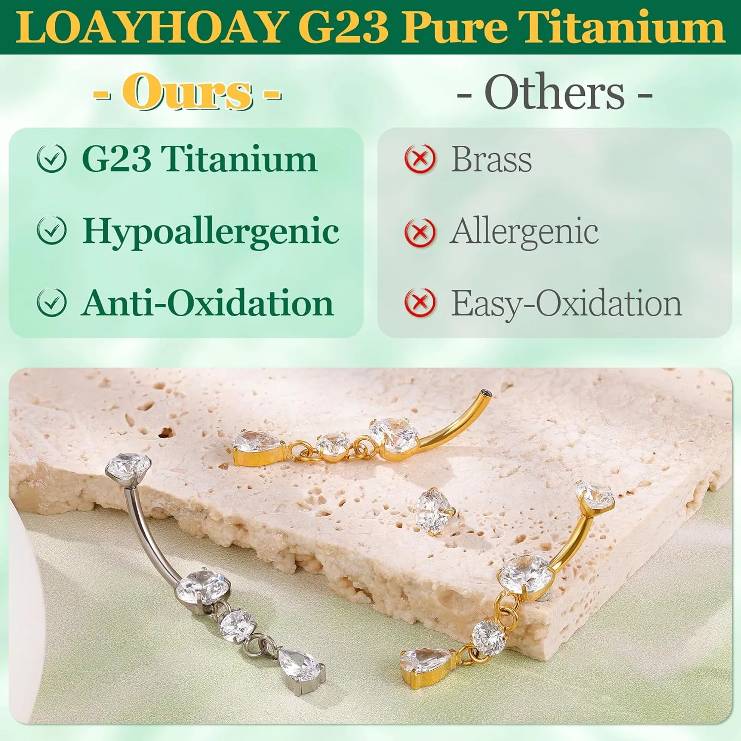 G23 Pure Titanium Dangle Belly Button Rings for Women Internally Thread Curved Barbell Belly Rings Dangling Navel Rings CZ Teardrop Navel Piercing Jewelry 6-16mm