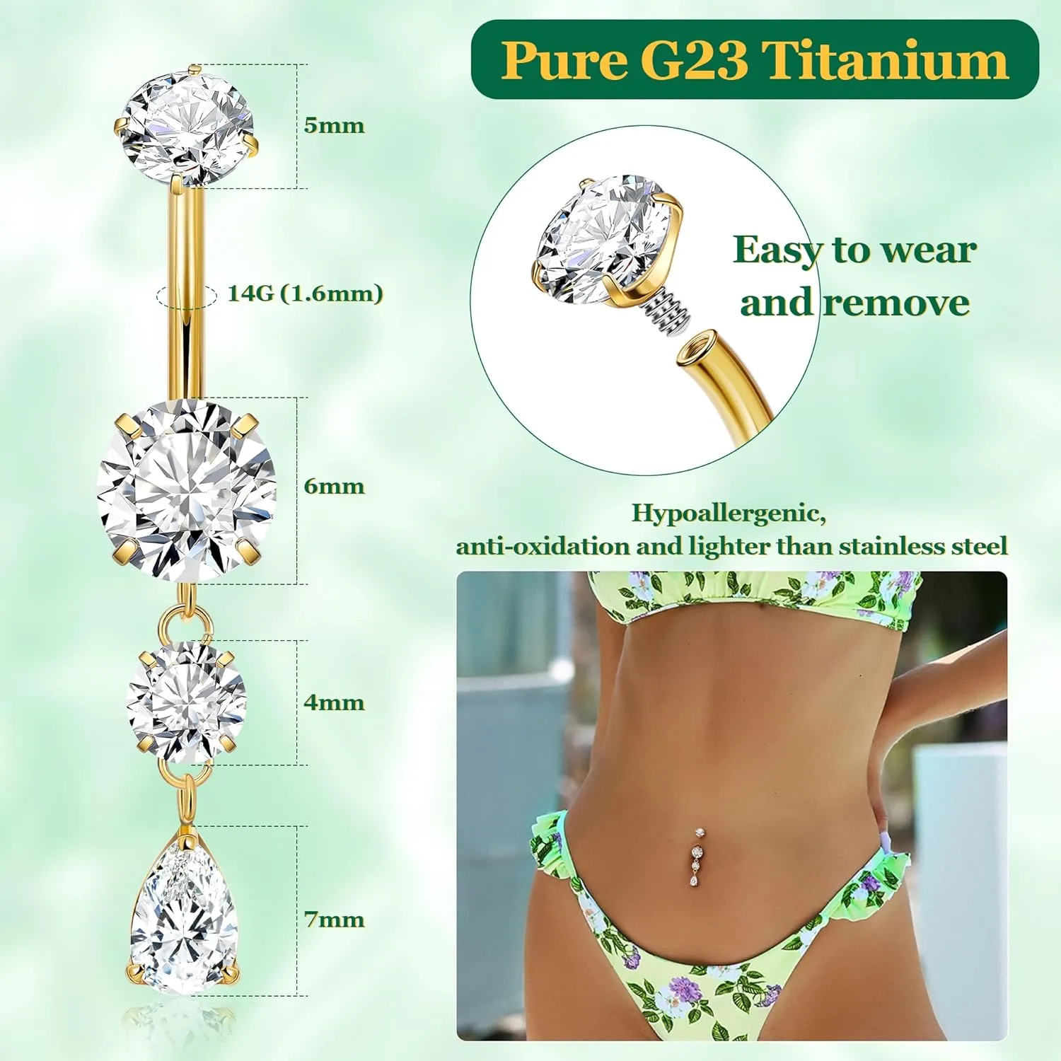 G23 Pure Titanium Dangle Belly Button Rings for Women Internally Thread Curved Barbell Belly Rings Dangling Navel Rings CZ Teardrop Navel Piercing Jewelry 6-16mm