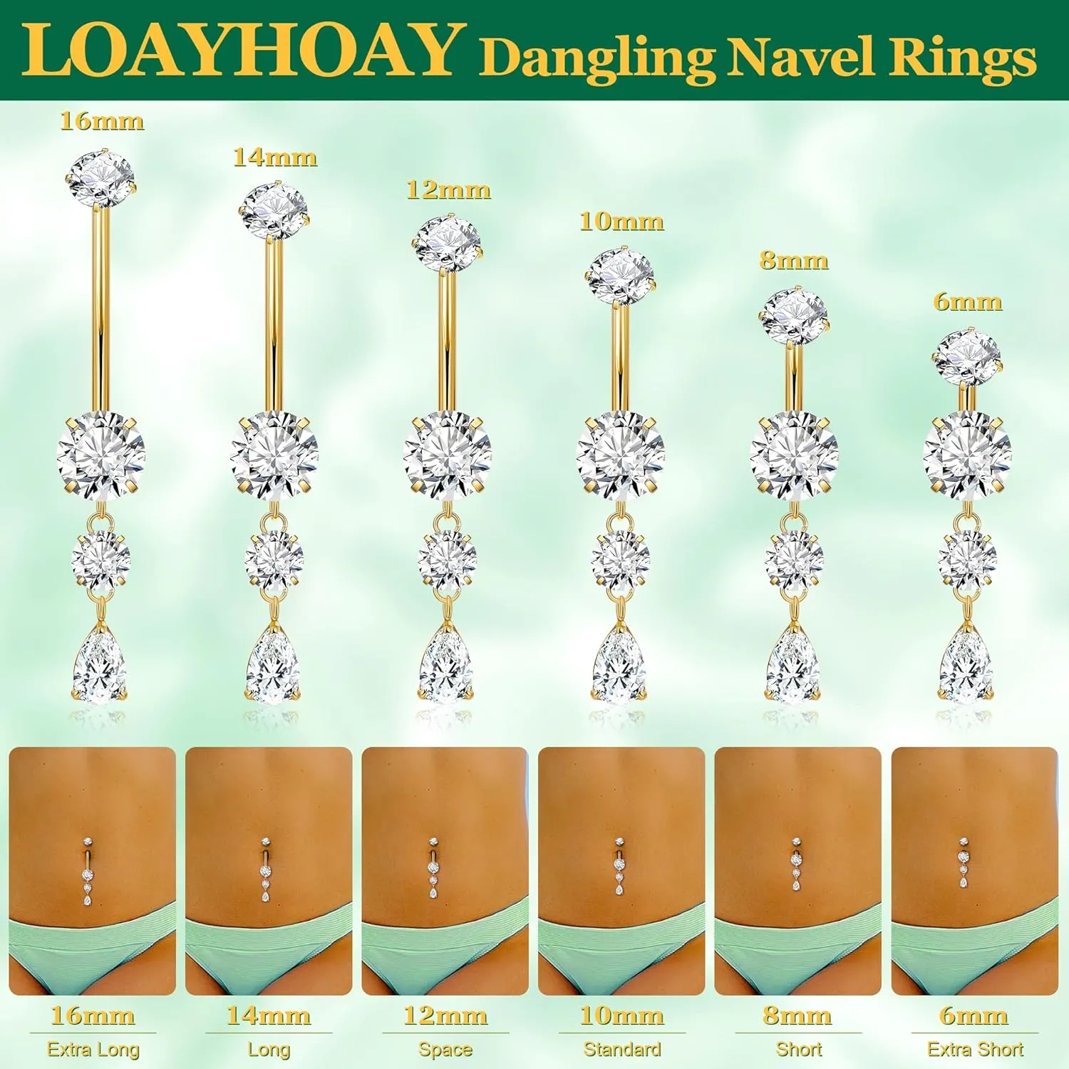 G23 Pure Titanium Dangle Belly Button Rings for Women Internally Thread Curved Barbell Belly Rings Dangling Navel Rings CZ Teardrop Navel Piercing Jewelry 6-16mm