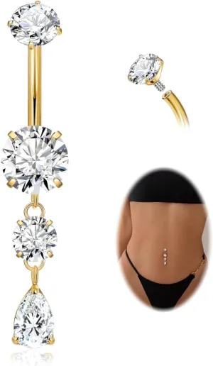 G23 Pure Titanium Dangle Belly Button Rings for Women Internally Thread Curved Barbell Belly Rings Dangling Navel Rings CZ Teardrop Navel Piercing Jewelry 6-16mm