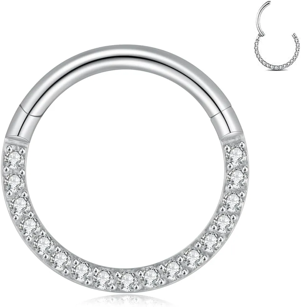 G23 Titanium Nose Ring Hoop Daith Earrings Hoop Cartilage Tragus Helix Rings For Women Men 16G 18G Piercing Septum Jewelry Hinged Silver Segment Hoop Lip Rings With Cubic Zirconia Paved