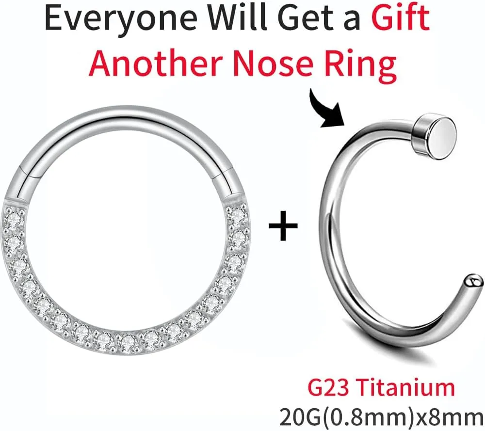 G23 Titanium Nose Ring Hoop Daith Earrings Hoop Cartilage Tragus Helix Rings For Women Men 16G 18G Piercing Septum Jewelry Hinged Silver Segment Hoop Lip Rings With Cubic Zirconia Paved