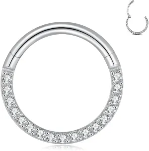 G23 Titanium Nose Ring Hoop Daith Earrings Hoop Cartilage Tragus Helix Rings For Women Men 16G 18G Piercing Septum Jewelry Hinged Silver Segment Hoop Lip Rings With Cubic Zirconia Paved