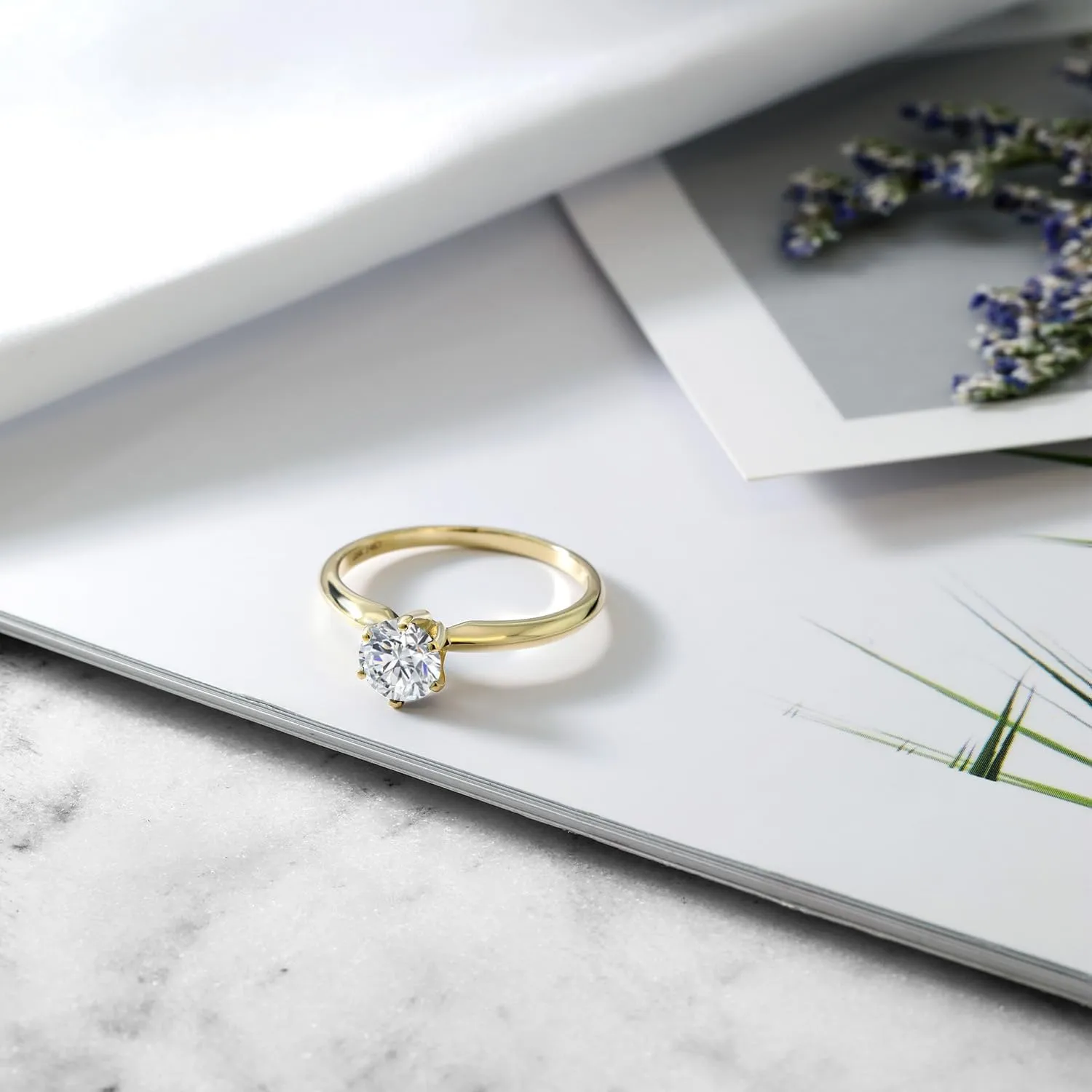 Gem Stone King 0.74 Cttw Round Lab Grown Diamond 14K Yellow Gold Solitaire Engagement Ring For Women | DEF Color | VVS-VS Clarity | Available In Size 5, 6, 7, 8, 9