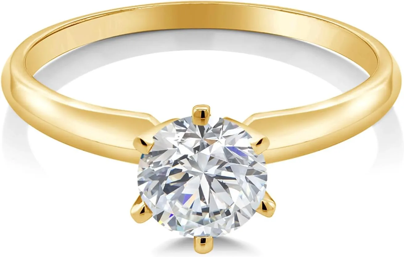 Gem Stone King 0.74 Cttw Round Lab Grown Diamond 14K Yellow Gold Solitaire Engagement Ring For Women | DEF Color | VVS-VS Clarity | Available In Size 5, 6, 7, 8, 9