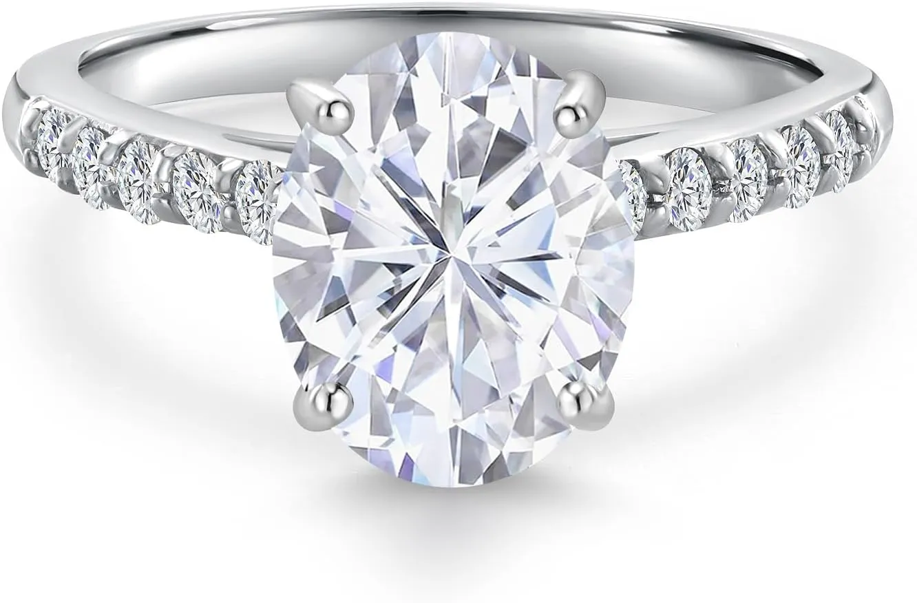 Gem Stone King 10K White Gold White Moissanite and Lab Grown Diamond Engagement Ring For Women | 2.30 Cttw | Oval 9X7MM | Gemstone Birthstone | Available in Size 5,6,7,8,9
