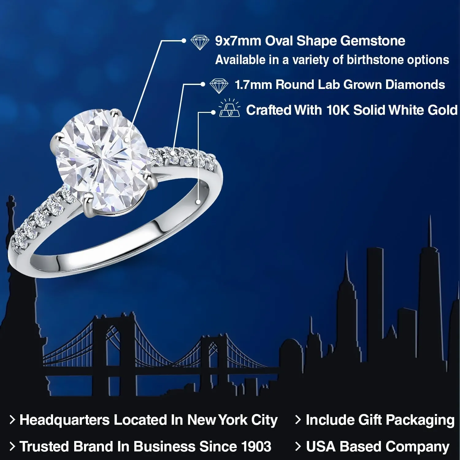 Gem Stone King 10K White Gold White Moissanite and Lab Grown Diamond Engagement Ring For Women | 2.30 Cttw | Oval 9X7MM | Gemstone Birthstone | Available in Size 5,6,7,8,9