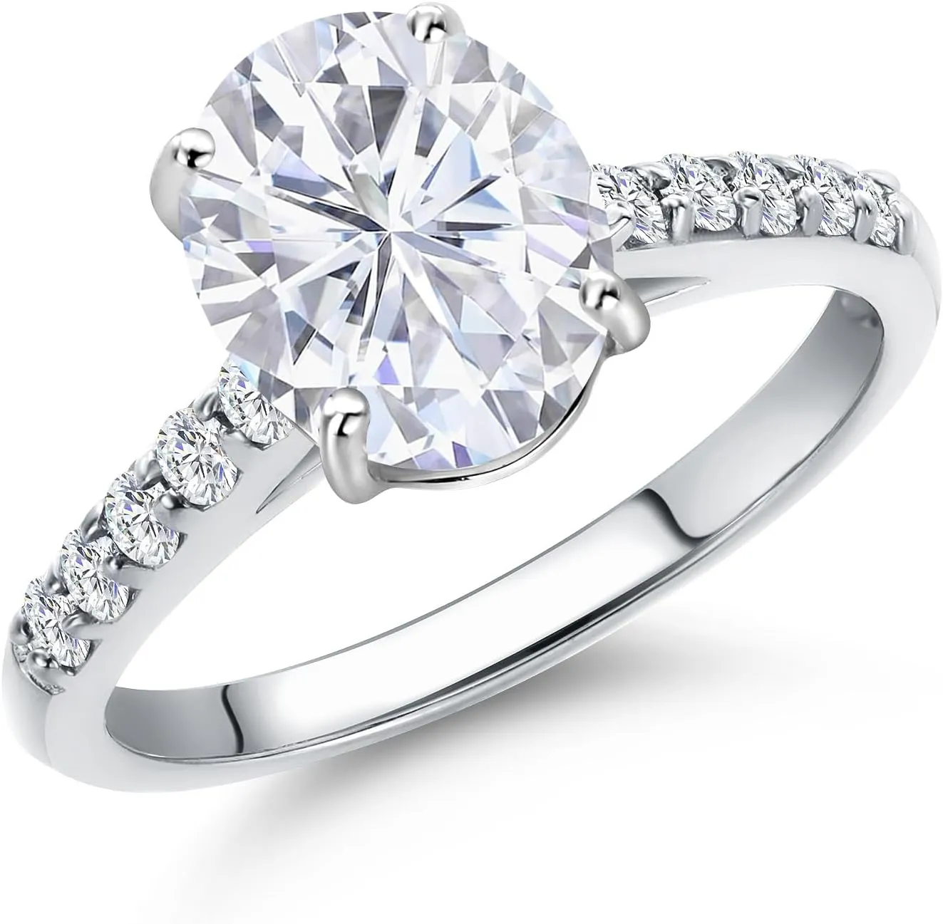 Gem Stone King 10K White Gold White Moissanite and Lab Grown Diamond Engagement Ring For Women | 2.30 Cttw | Oval 9X7MM | Gemstone Birthstone | Available in Size 5,6,7,8,9