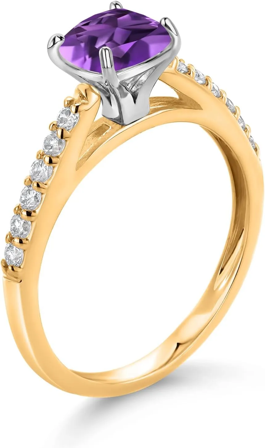 Gem Stone King 10K Yellow Gold 8MM Cushion Cut Purple Amethyst and White Lab Grown Diamond Engagement Ring For Women (2.28 Cttw, Gemstone February Birthstone, Available In Size 5, 6, 7, 8, 9)