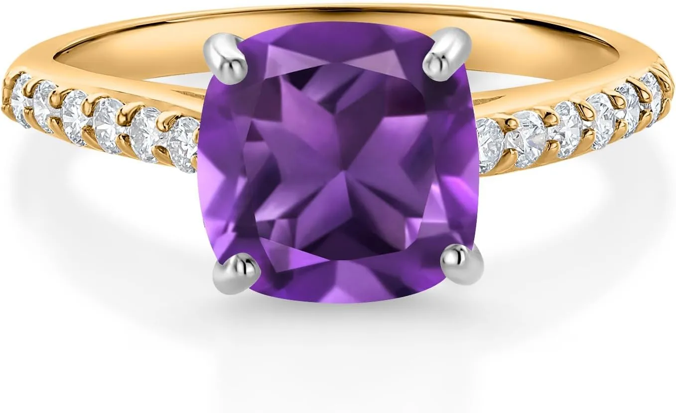 Gem Stone King 10K Yellow Gold 8MM Cushion Cut Purple Amethyst and White Lab Grown Diamond Engagement Ring For Women (2.28 Cttw, Gemstone February Birthstone, Available In Size 5, 6, 7, 8, 9)