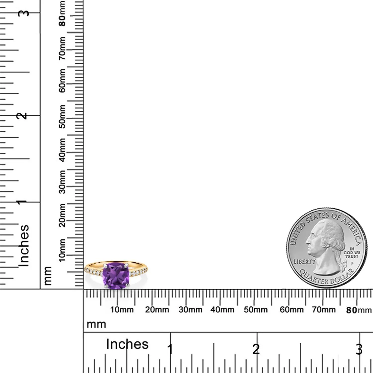 Gem Stone King 10K Yellow Gold 8MM Cushion Cut Purple Amethyst and White Lab Grown Diamond Engagement Ring For Women (2.28 Cttw, Gemstone February Birthstone, Available In Size 5, 6, 7, 8, 9)