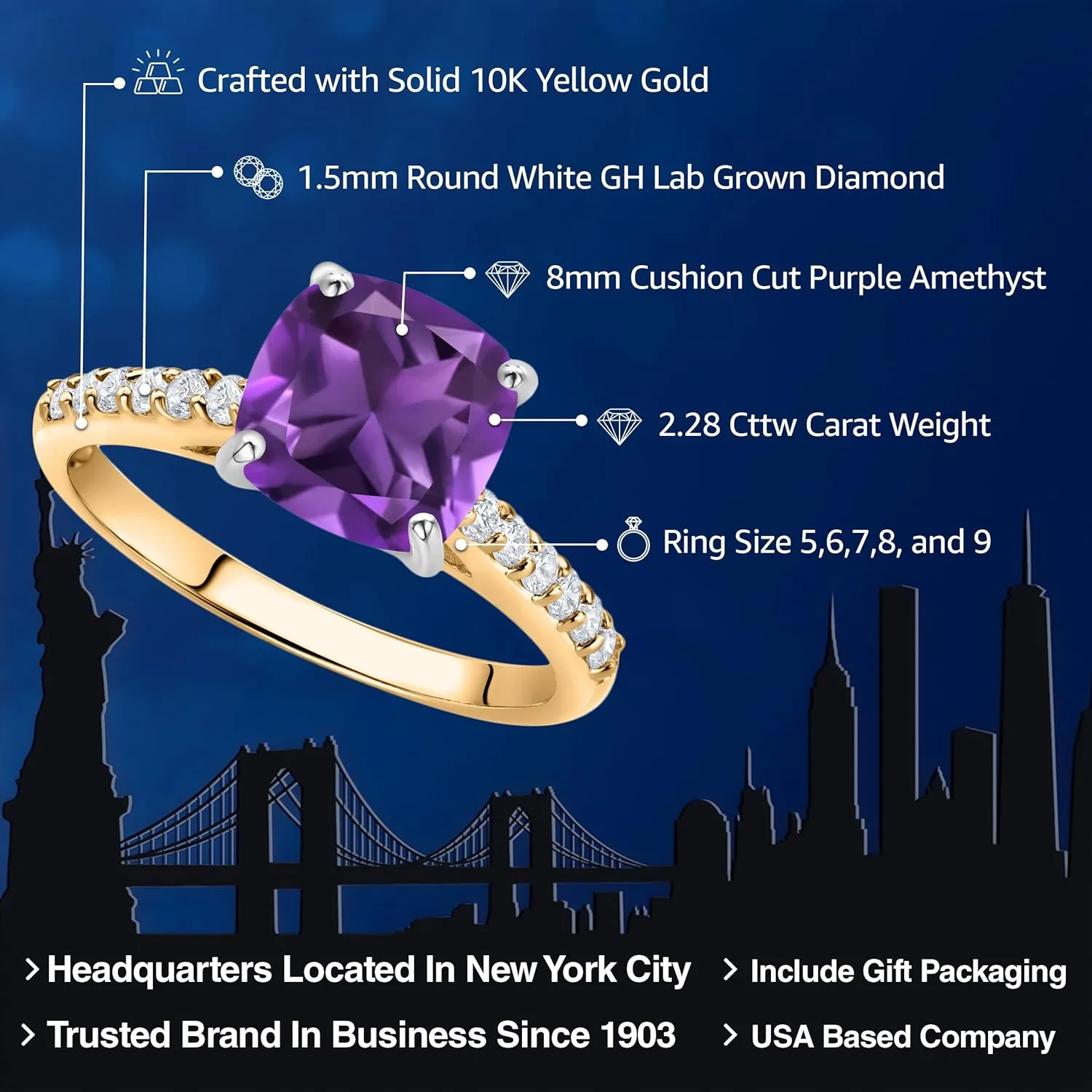 Gem Stone King 10K Yellow Gold 8MM Cushion Cut Purple Amethyst and White Lab Grown Diamond Engagement Ring For Women (2.28 Cttw, Gemstone February Birthstone, Available In Size 5, 6, 7, 8, 9)