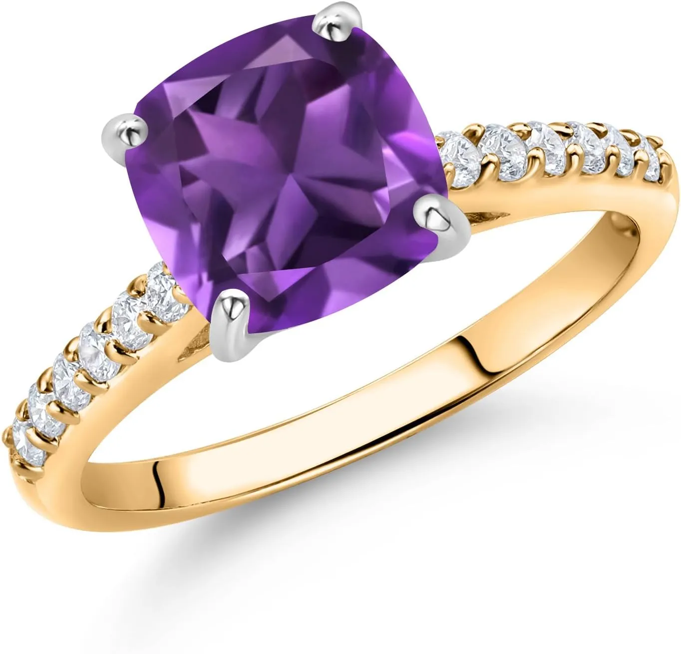 Gem Stone King 10K Yellow Gold 8MM Cushion Cut Purple Amethyst and White Lab Grown Diamond Engagement Ring For Women (2.28 Cttw, Gemstone February Birthstone, Available In Size 5, 6, 7, 8, 9)