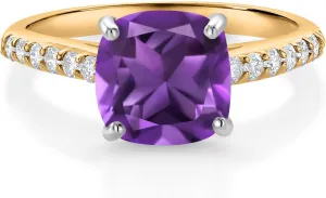 Gem Stone King 10K Yellow Gold 8MM Cushion Cut Purple Amethyst and White Lab Grown Diamond Engagement Ring For Women (2.28 Cttw, Gemstone February Birthstone, Available In Size 5, 6, 7, 8, 9)