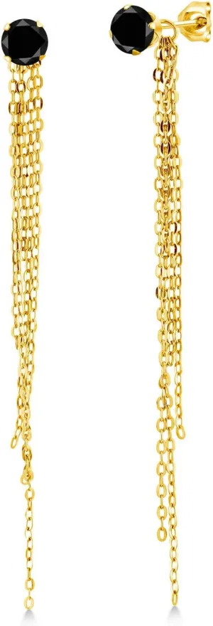 Gem Stone King 1.10 Ct Round Black AAA Diamond 18K Yellow Gold Plated Silver Stud Extra Long Statement Enhancer Earrings 3.5 Inch