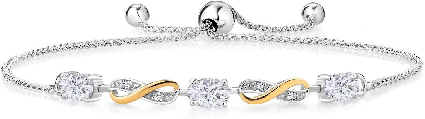 Gem Stone King 1.53 Cttw White Moissanite and White Lab Grown Diamond Tennis Bracelet For Women In 925 Sterling Silver and 10K Yellow Gold | Oval 6X4MM | Fully Adjustable Up to 9 Inches