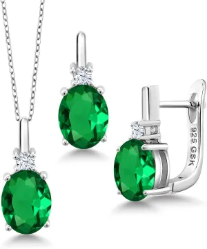 Gem Stone King 925 Sterling Silver Green Simulated Emerald and White Created Sapphire Pendant and Earrings Jewelry Set For Women (6.95 Cttw, with 18 inch Chain)