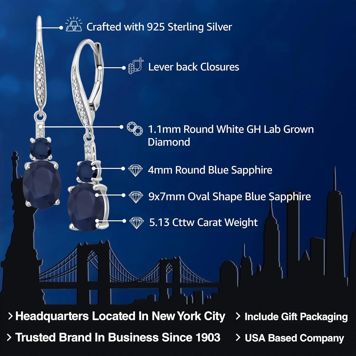 Gem Stone King 925 Sterling Silver Oval Gemstone Birthstone and Lab Grown Diamond Drop Dangle Earrings for Women | Oval 9X7MM, Round 4MM and 1MM Accents | Elegant Leverback Closure